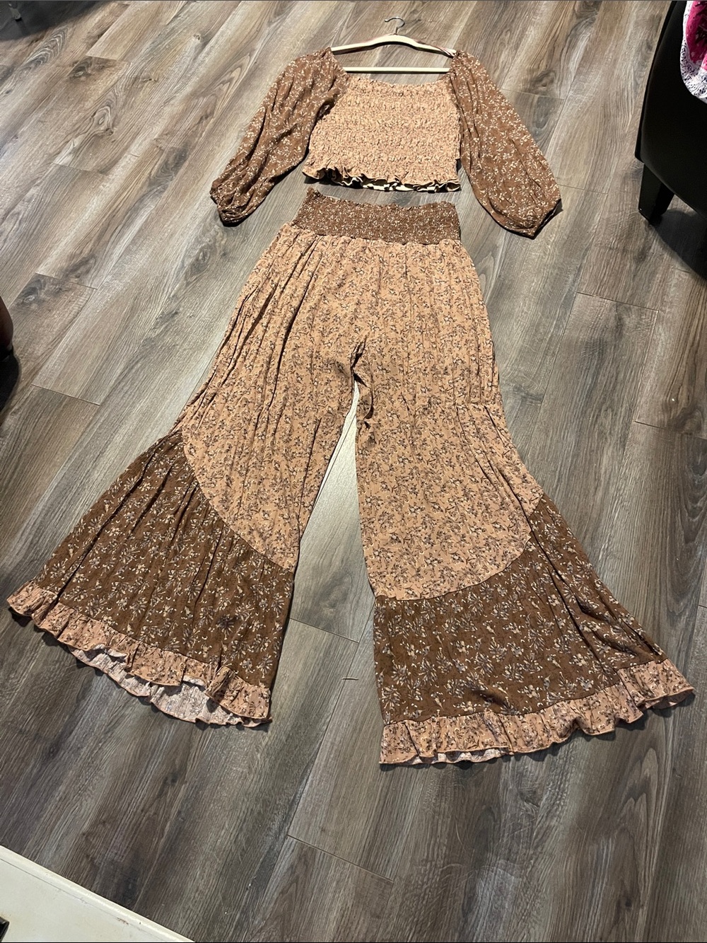 white birch Brown Floral Smocked Crop Top & Wide-Leg Jumpsuit Set